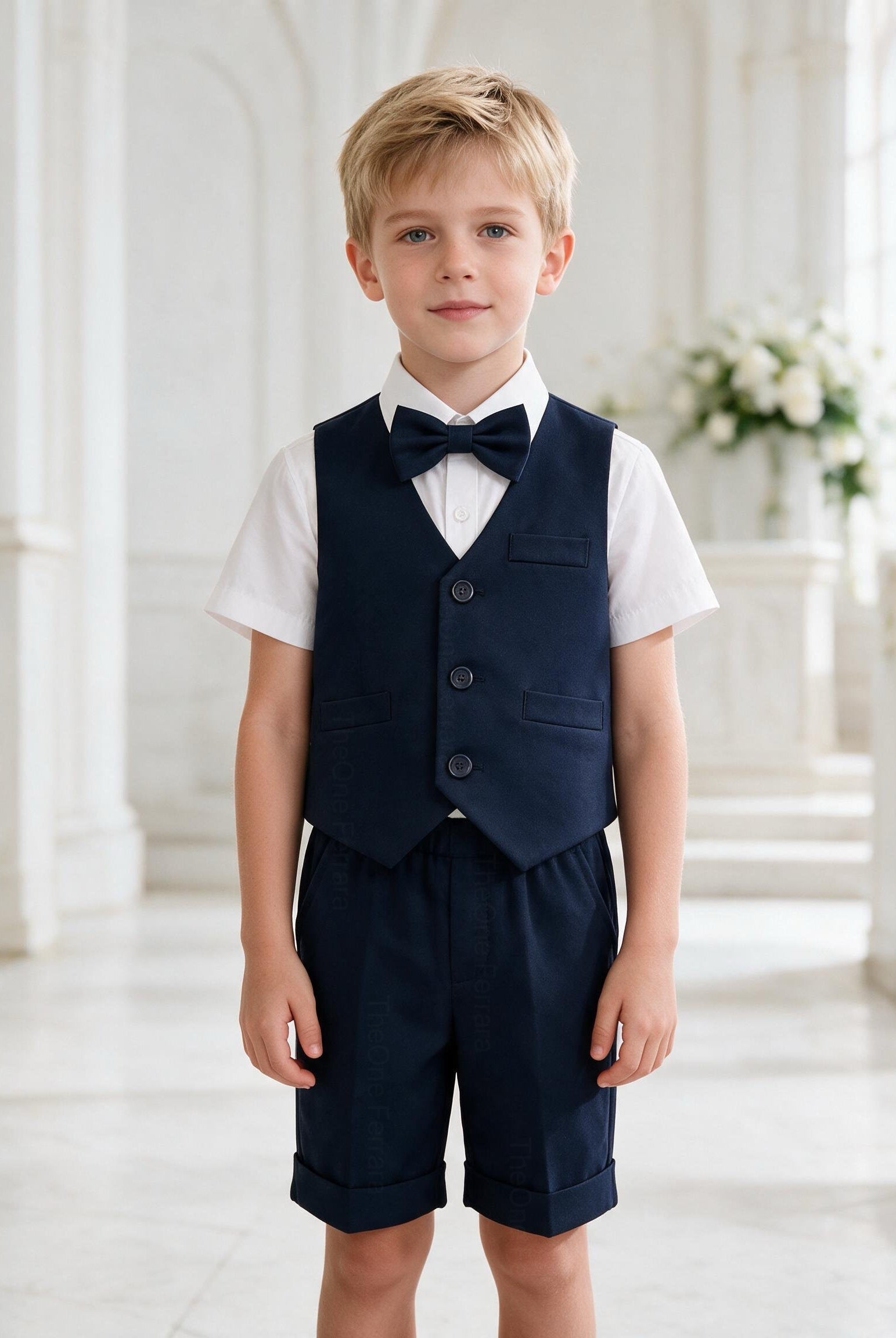 Completo Elegante Bambino Estivo 4 Pezzi con Pantaloncini Abito Cerimonia Matrimonio 1-8 Anni