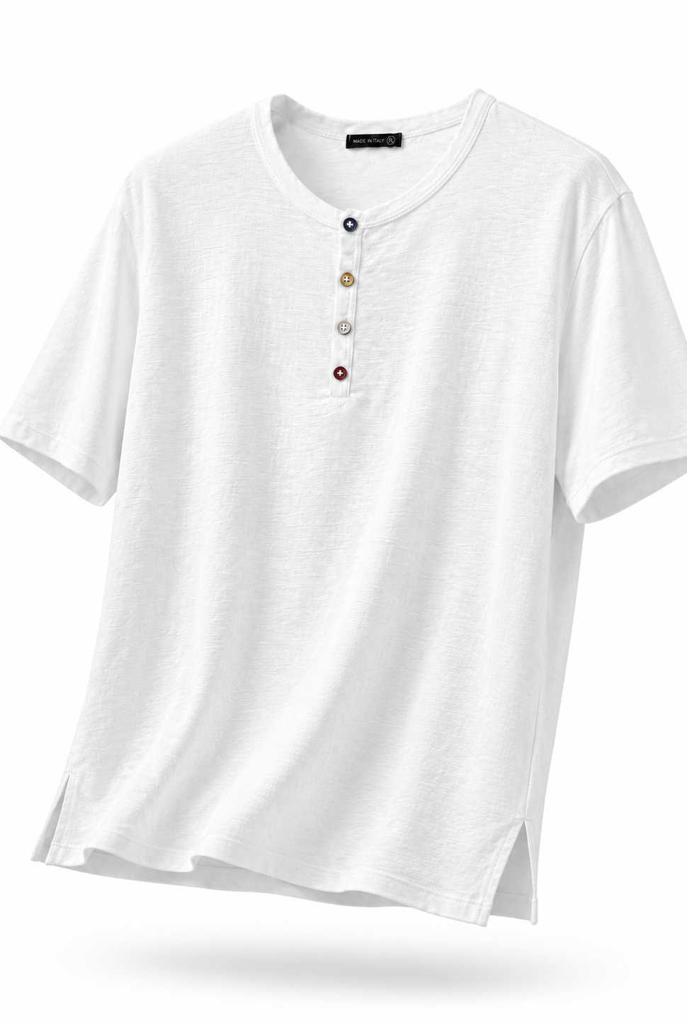 Maglia Uomo Henley 100% Cotone Made in Italy Manica Corta S-3XL Bianco