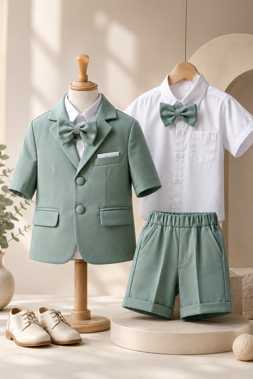 Completo Elegante Bambino Verde Salvia 4 Pezzi con Giacca Shorts Camicia e Papillong 4-10Anni