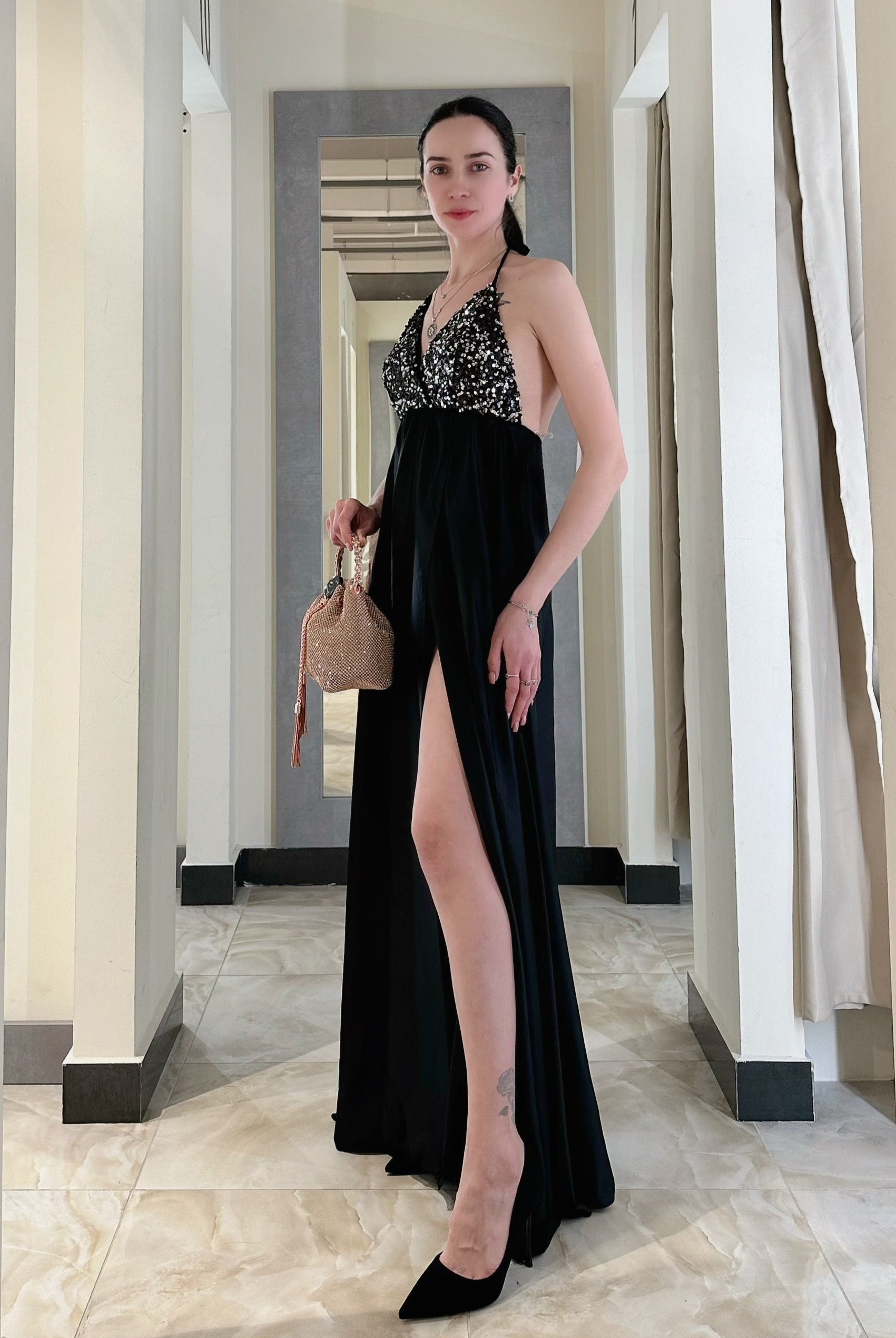 Abito da ballo con paillettes con spacchi a coscia con schiena scoperta