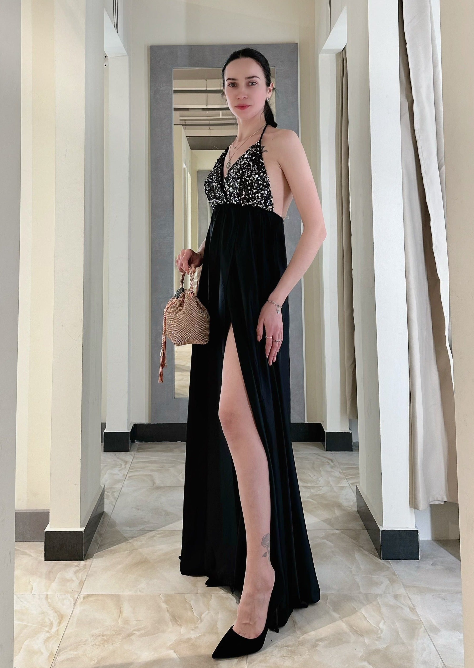 Abito da ballo con paillettes con spacchi a coscia con schiena scoperta