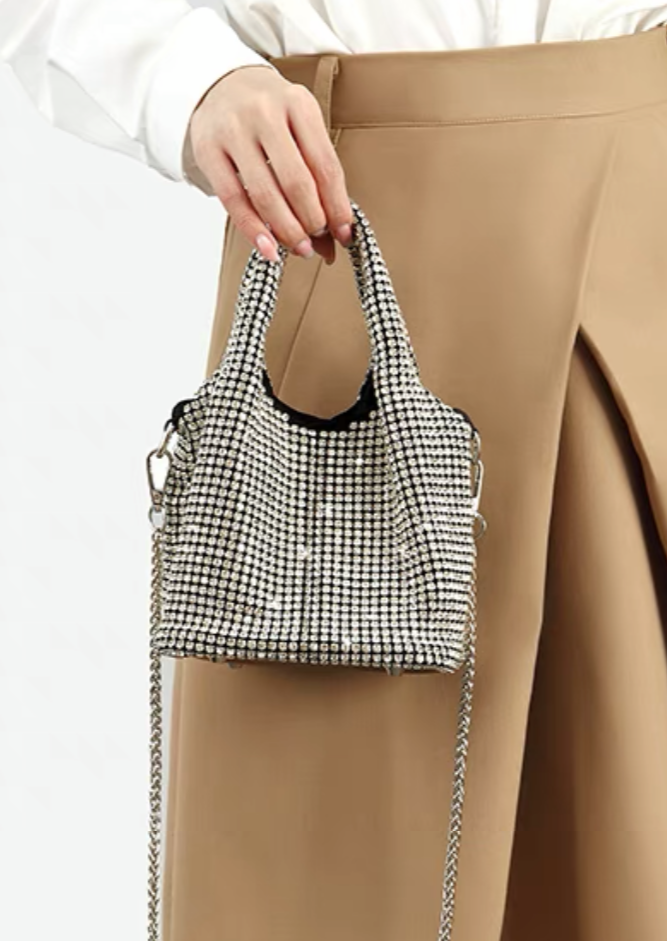 Borsa a mano in cristallo lucido, borsa a tracolla, portafoglio e borsa a mano fatte a mano con strass, borsa da sera di lusso con portafoglio del designer, accessorizzata con diamanti e parti metalliche