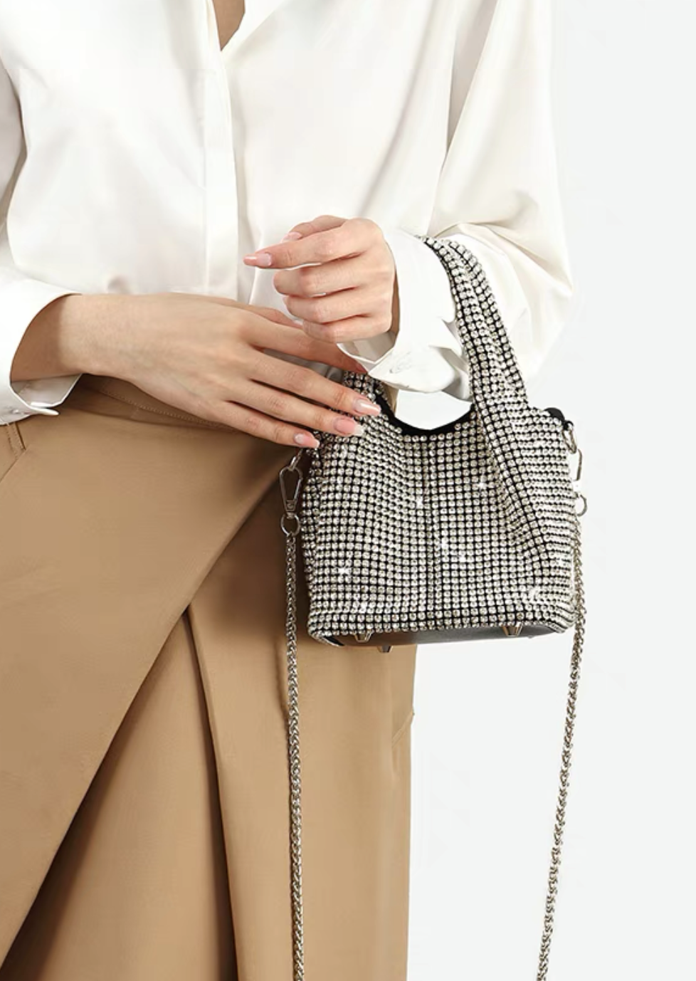 Borsa a mano in cristallo lucido, borsa a tracolla, portafoglio e borsa a mano fatte a mano con strass, borsa da sera di lusso con portafoglio del designer, accessorizzata con diamanti e parti metalliche