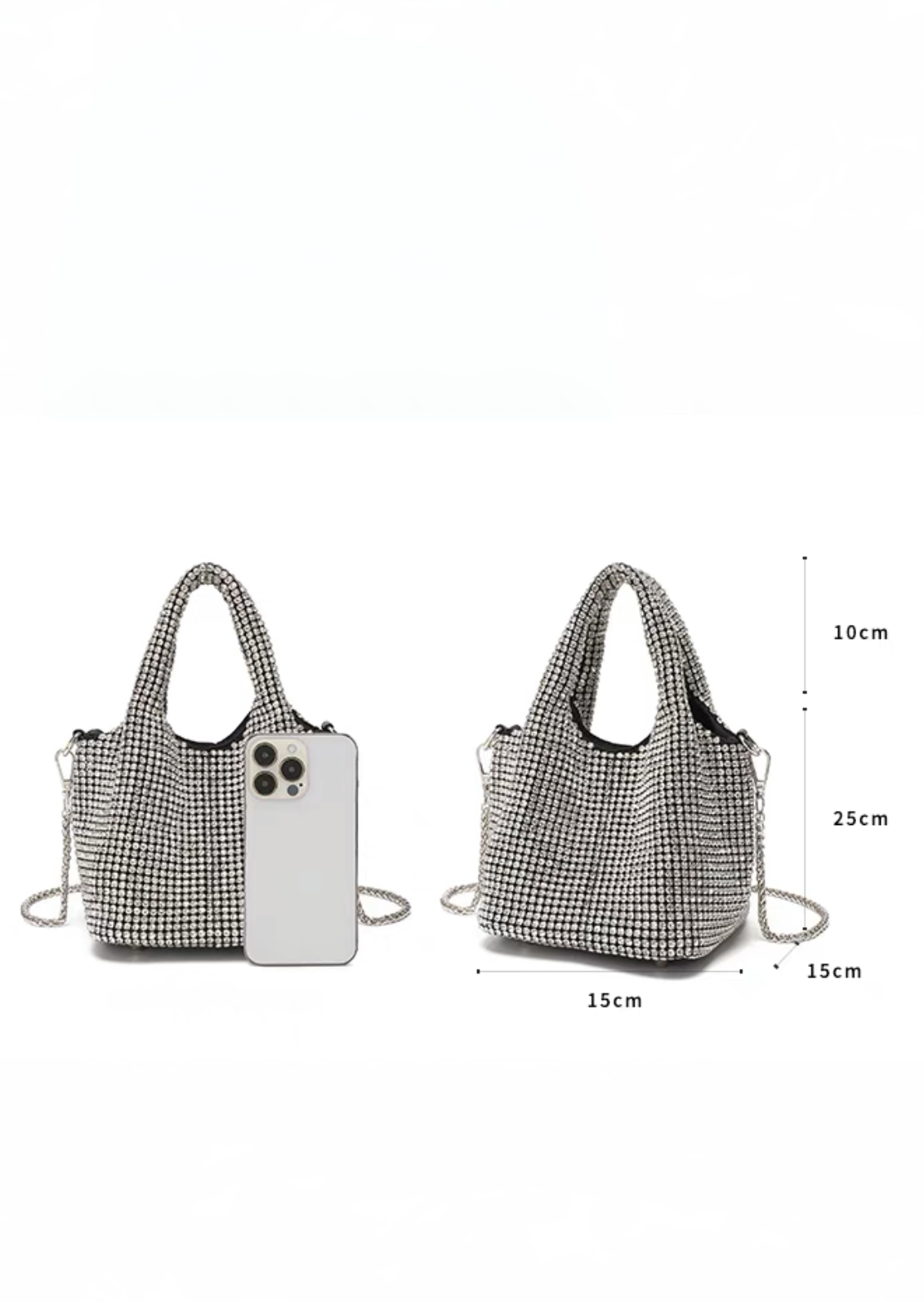 Borsa a mano in cristallo lucido, borsa a tracolla, portafoglio e borsa a mano fatte a mano con strass, borsa da sera di lusso con portafoglio del designer, accessorizzata con diamanti e parti metalliche