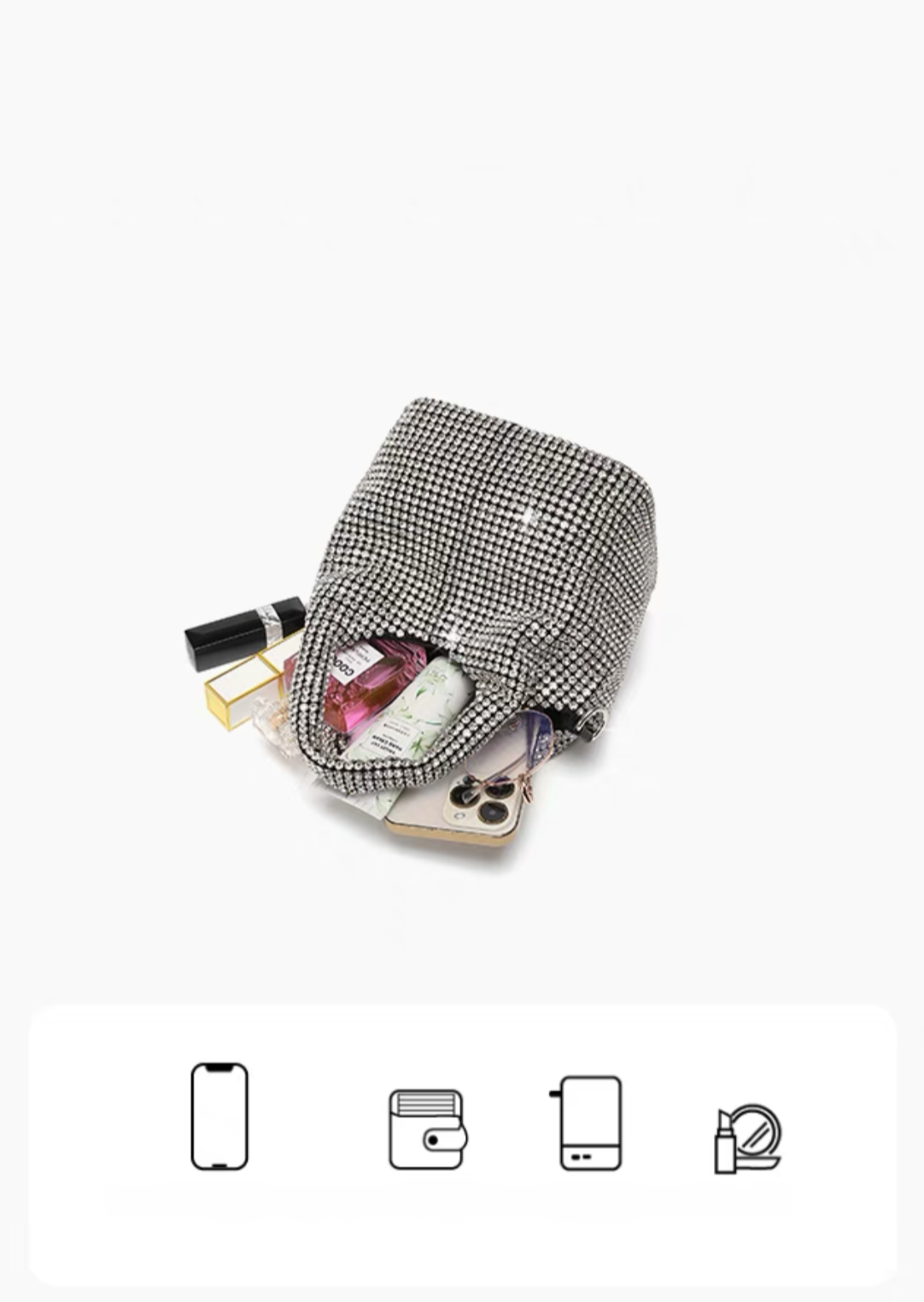 Borsa a mano in cristallo lucido, borsa a tracolla, portafoglio e borsa a mano fatte a mano con strass, borsa da sera di lusso con portafoglio del designer, accessorizzata con diamanti e parti metalliche