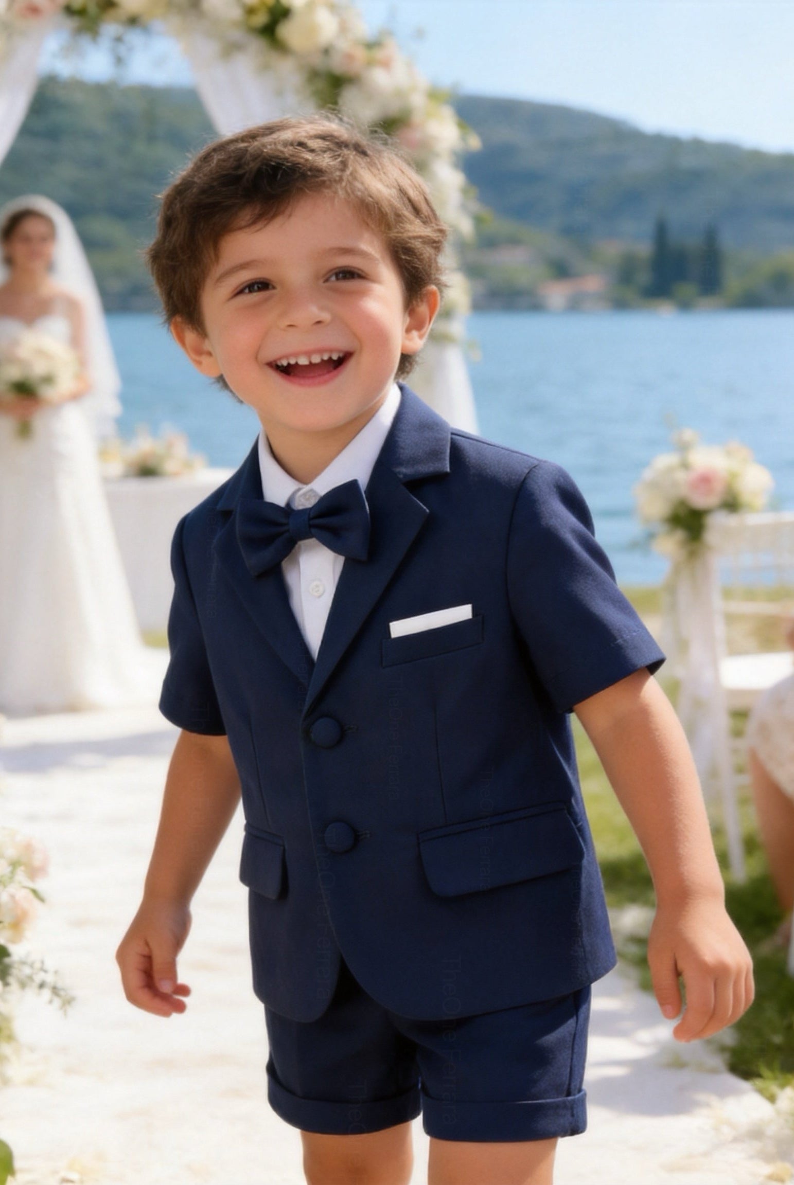 Completo Elegante Bambino Verde Salvia 4 Pezzi con Giacca Shorts Camicia e Papillong 4-10Anni