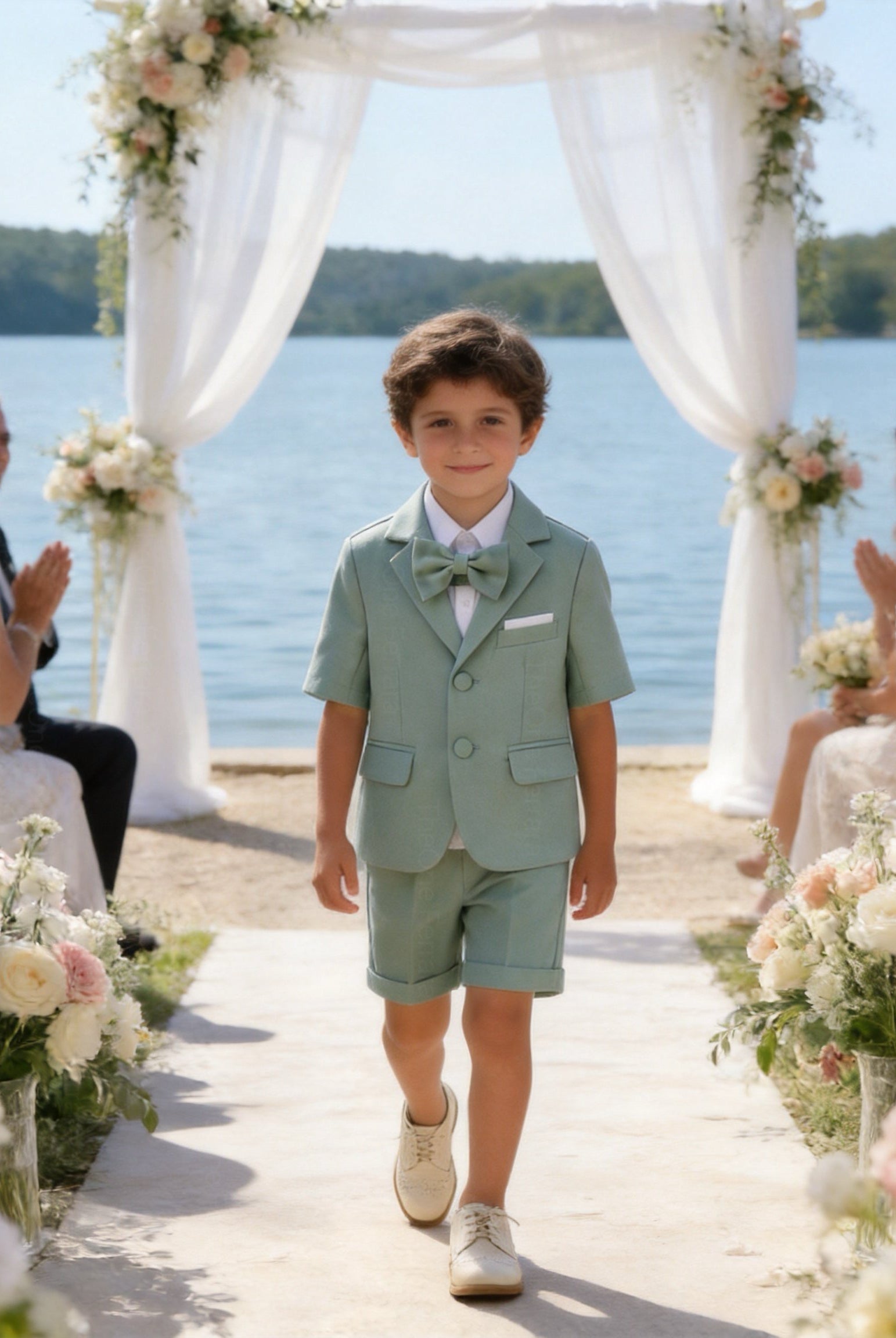 Completo Elegante Bambino Verde Salvia 4 Pezzi con Giacca Shorts Camicia e Papillong 4-10Anni