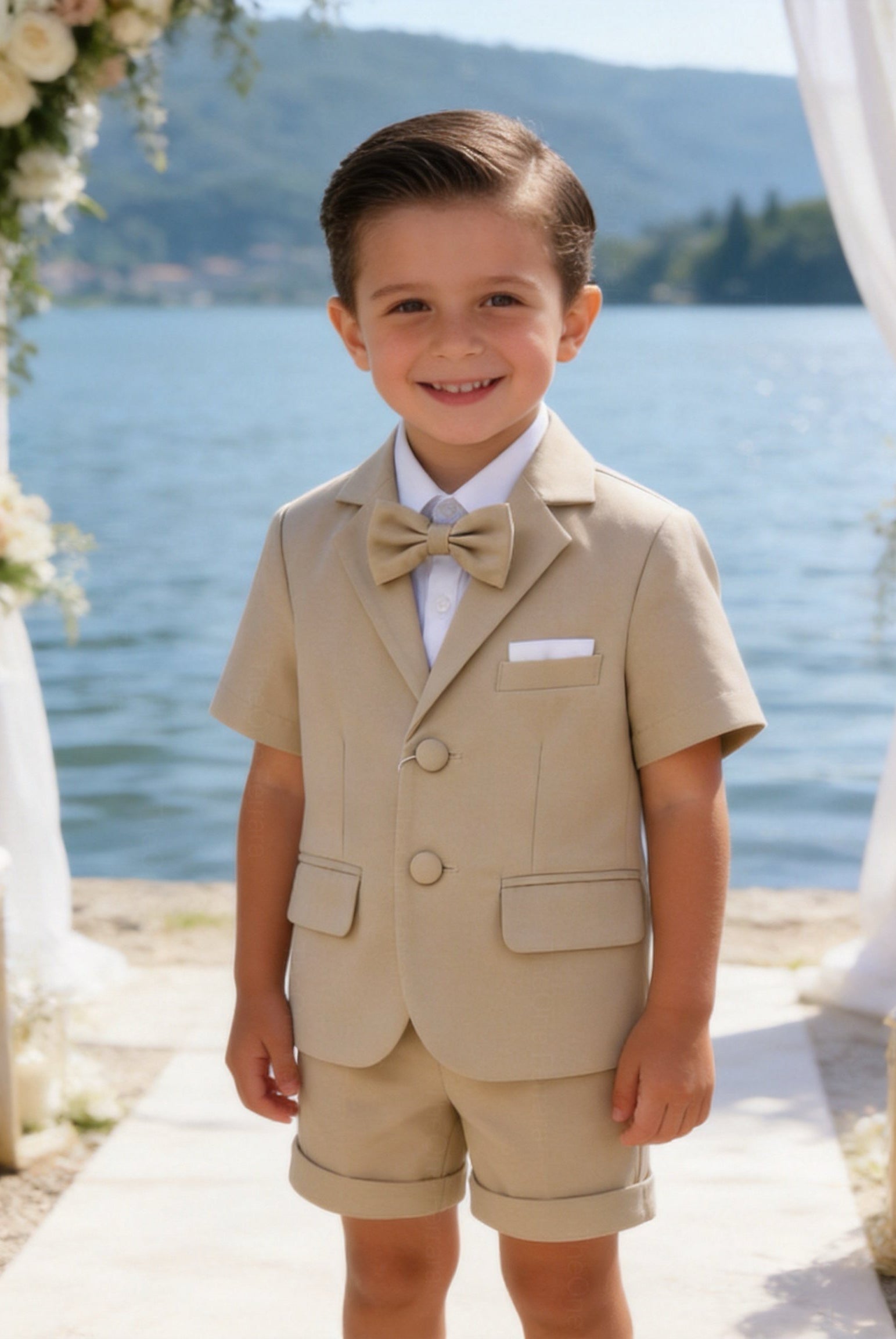 Completo Elegante Bambino Verde Salvia 4 Pezzi con Giacca Shorts Camicia e Papillong 4-10Anni