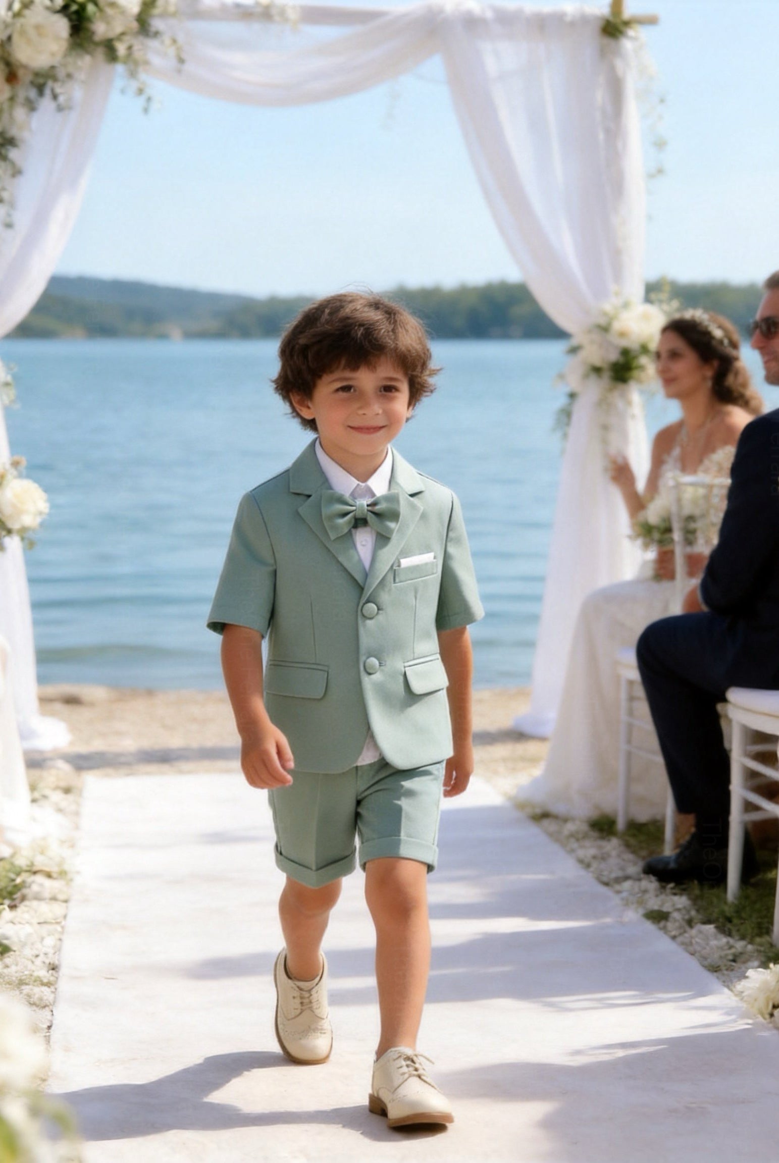 Completo Elegante Bambino Verde Salvia 4 Pezzi con Giacca Shorts Camicia e Papillong 4-10Anni
