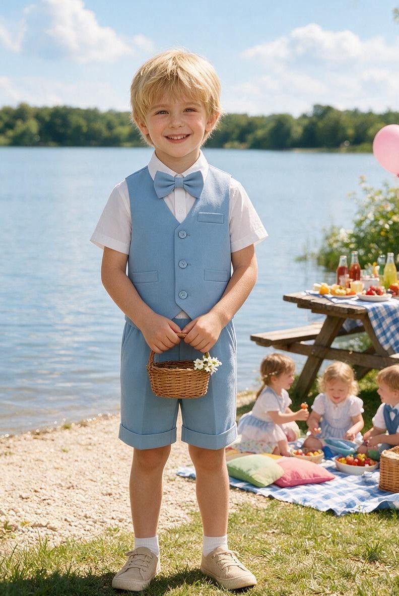 Completo Elegante Bambino Estivo 4 Pezzi con Pantaloncini Abito Cerimonia Matrimonio 1-8 Anni Azzuro