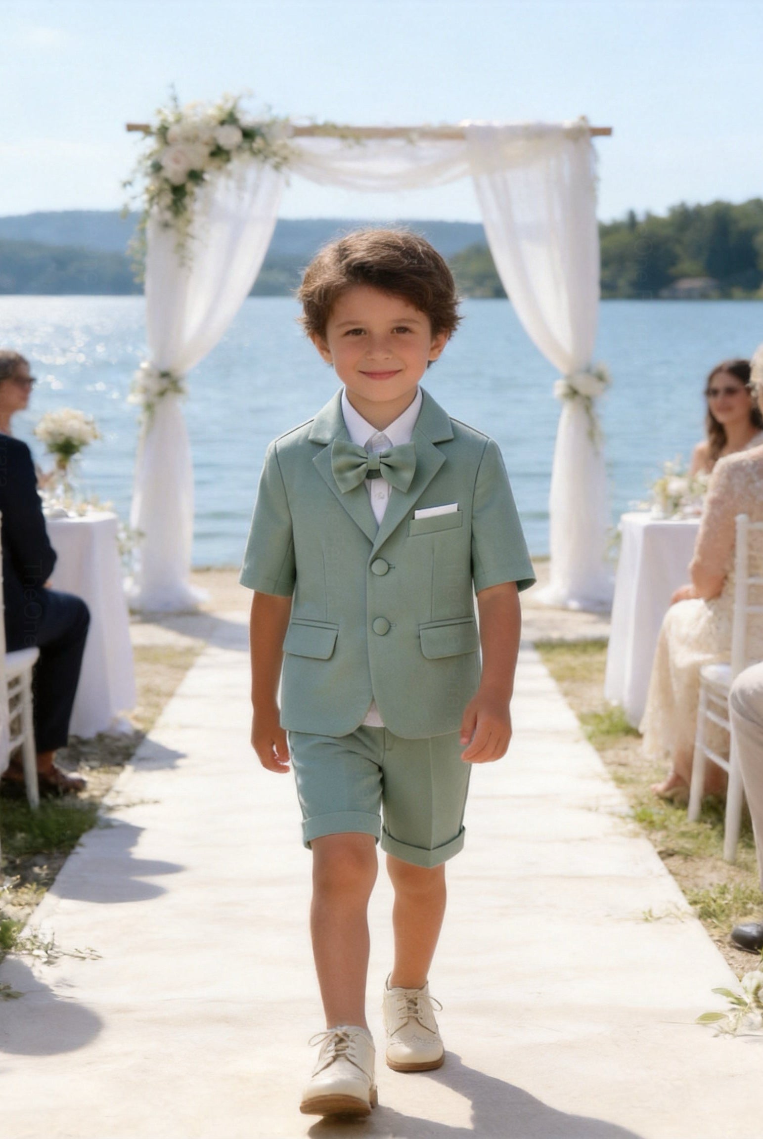 Completo Elegante Bambino Verde Salvia 4 Pezzi con Giacca Shorts Camicia e Papillong 4-10Anni