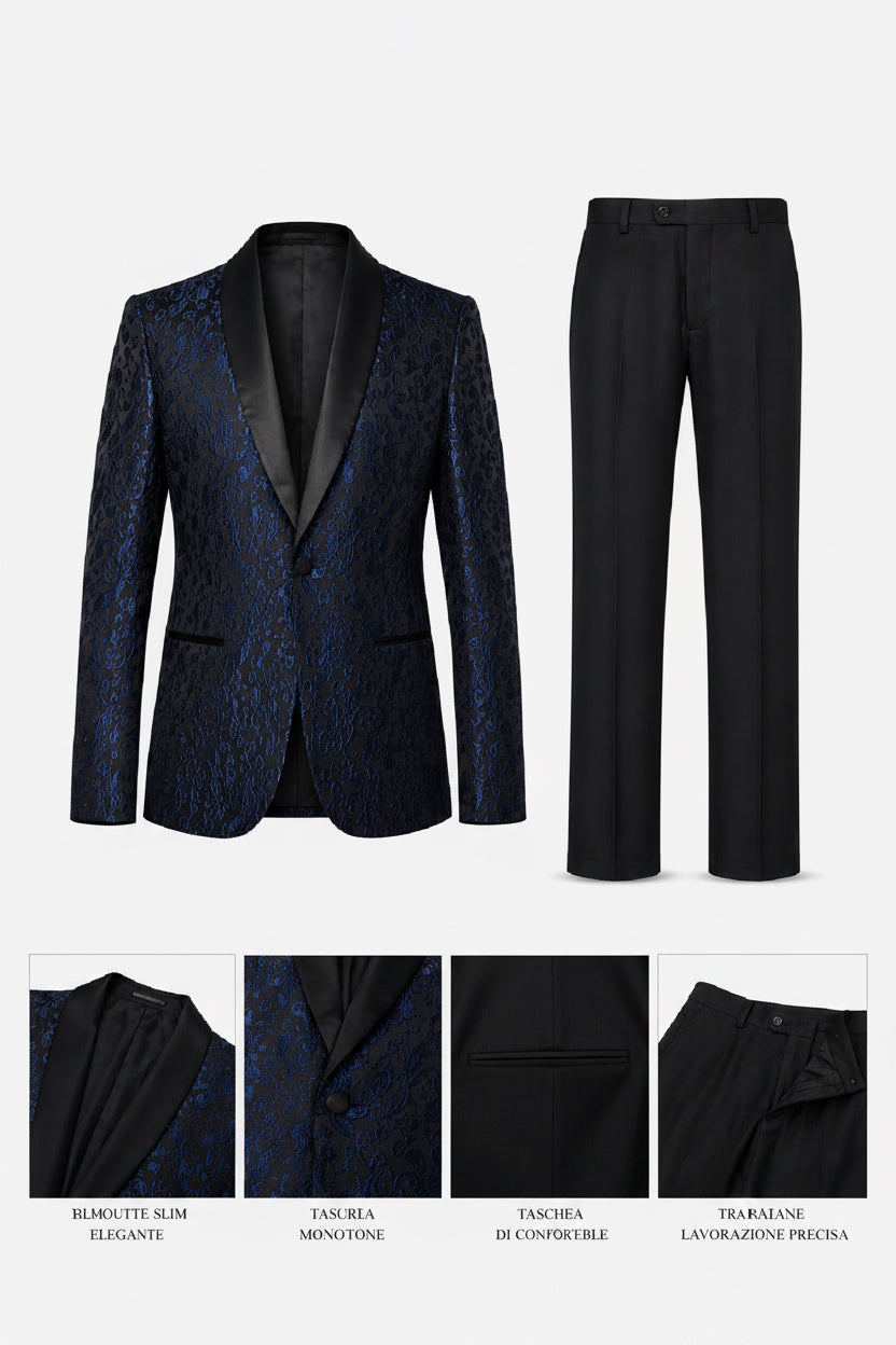 Abito Uomo Cerimonia Slim Fit Blu Jacquard Elegante Smoking Fantasia 2pz Blu unico