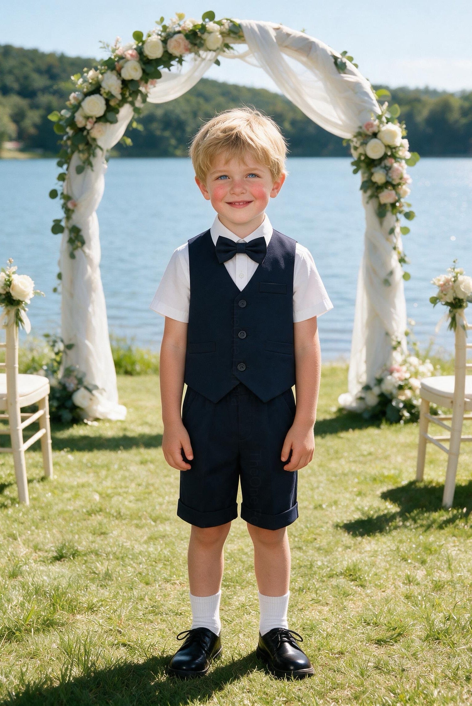 Completo Elegante Bambino Estivo 4 Pezzi con Pantaloncini Abito Cerimonia Matrimonio 1-8 Anni