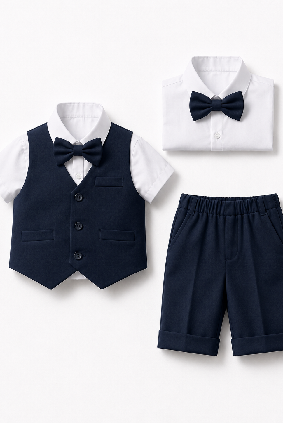 Completo Elegante Bambino Estivo 4 Pezzi con Pantaloncini Abito Cerimonia Matrimonio 1-8 Anni