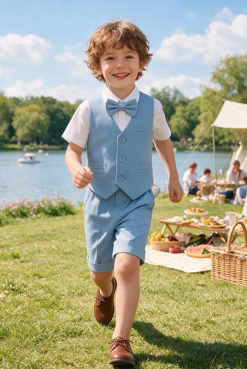 Completo Elegante Bambino Estivo 4 Pezzi con Pantaloncini Abito Cerimonia Matrimonio 1-8 Anni