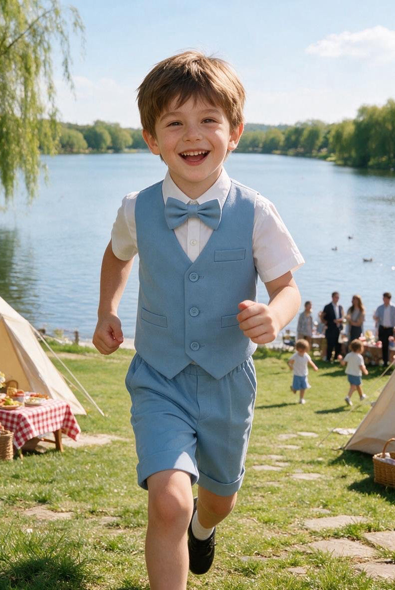 Completo Elegante Bambino Estivo 4 Pezzi con Pantaloncini Abito Cerimonia Matrimonio 1-8 Anni