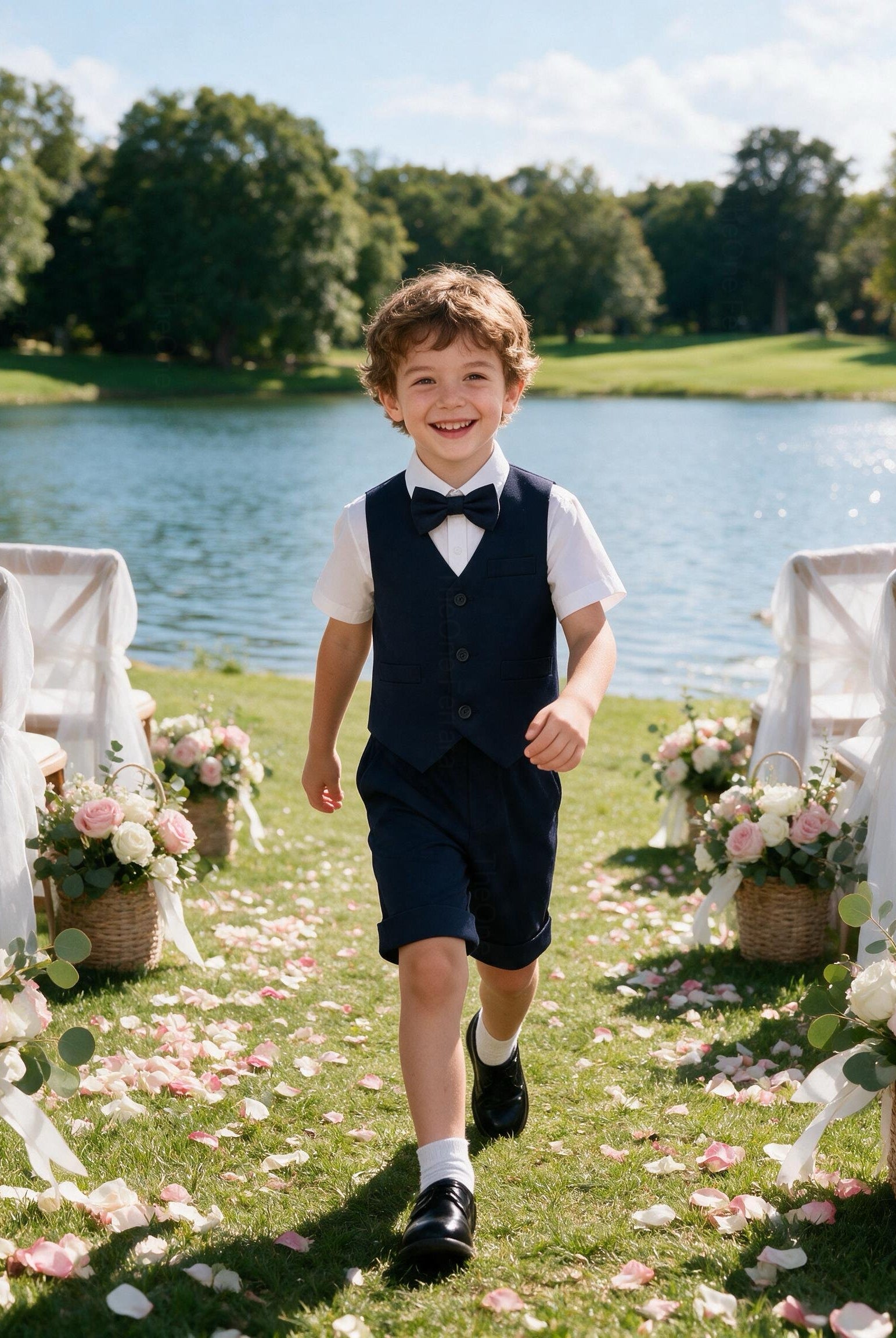 Completo Elegante Bambino Estivo 4 Pezzi con Pantaloncini Abito Cerimonia Matrimonio 1-8 Anni Blue notte