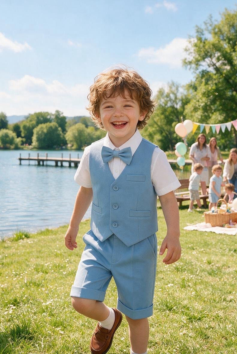 Completo Elegante Bambino Estivo 4 Pezzi con Pantaloncini Abito Cerimonia Matrimonio 1-8 Anni