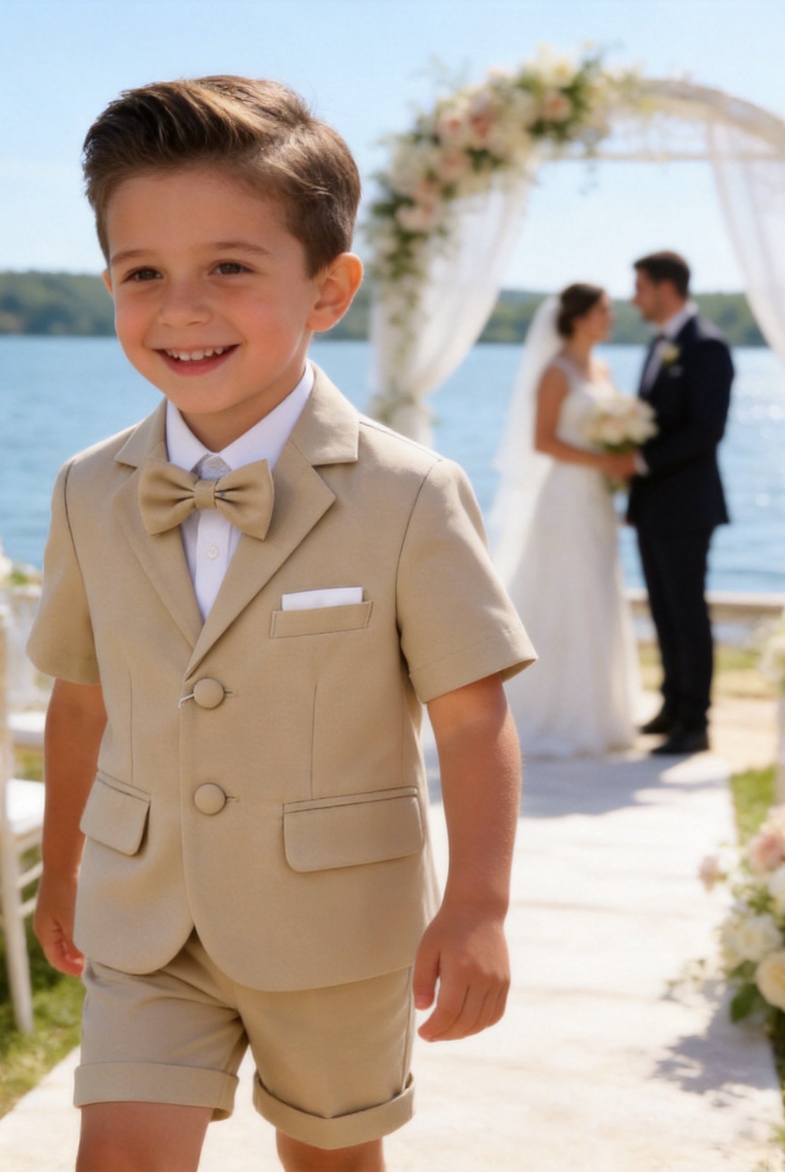 Completo Elegante Bambino Verde Salvia 4 Pezzi con Giacca Shorts Camicia e Papillong 4-10Anni Beige