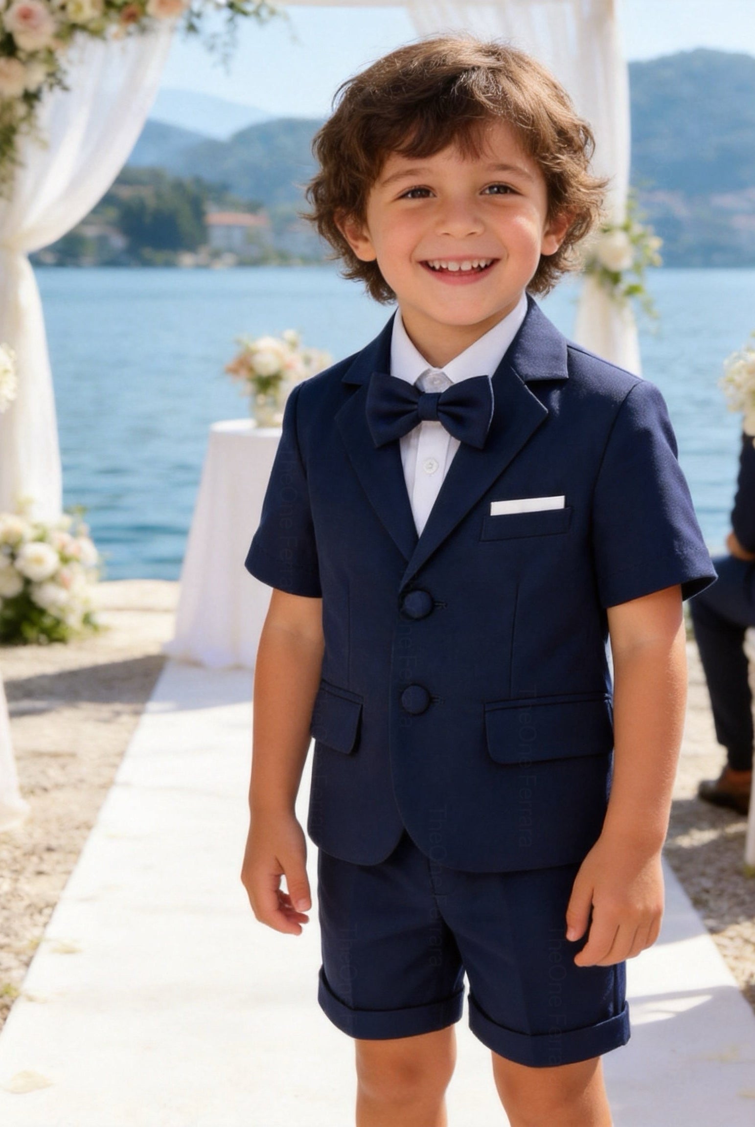 Completo Elegante Bambino Verde Salvia 4 Pezzi con Giacca Shorts Camicia e Papillong 4-10Anni