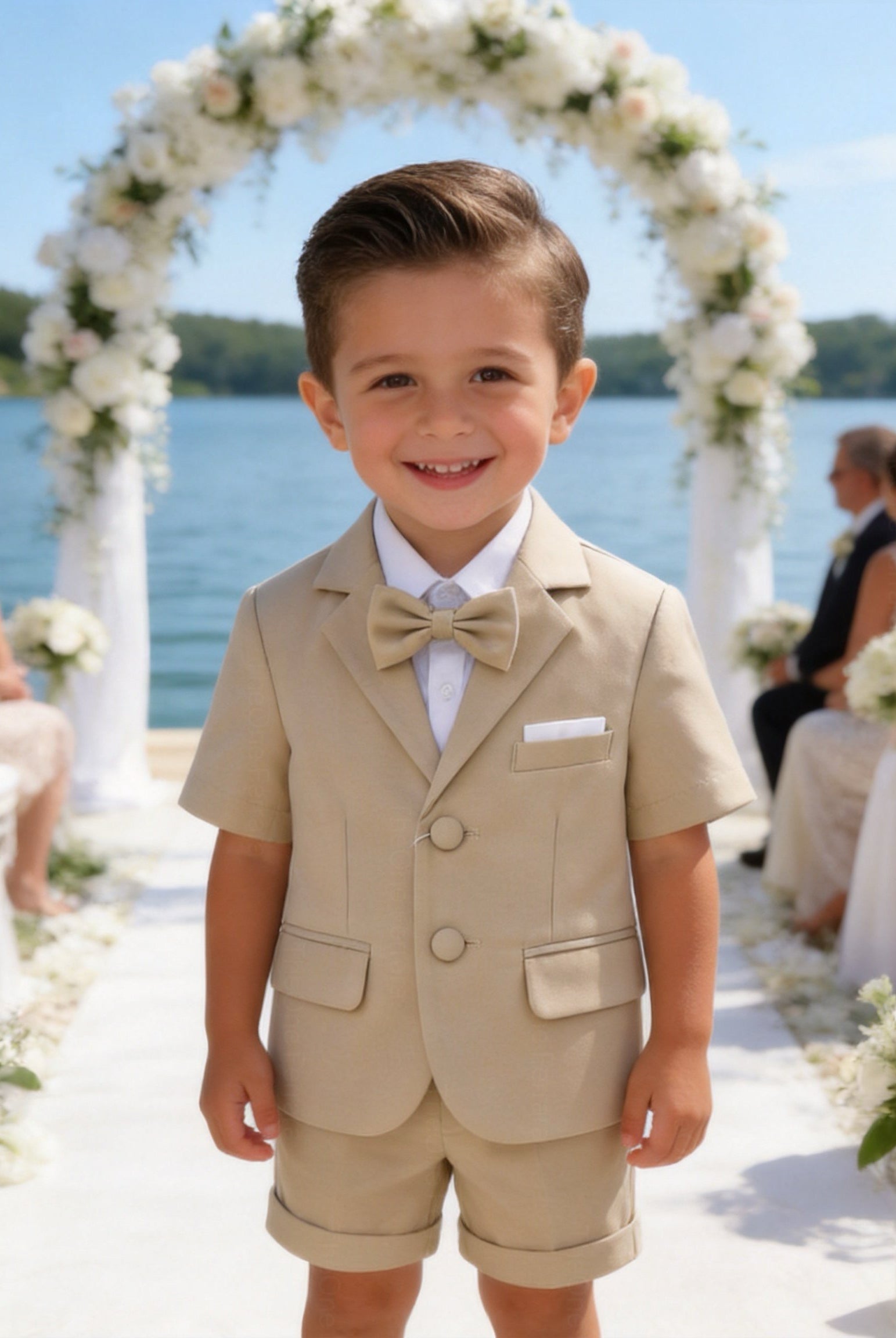 Completo Elegante Bambino Verde Salvia 4 Pezzi con Giacca Shorts Camicia e Papillong 4-10Anni