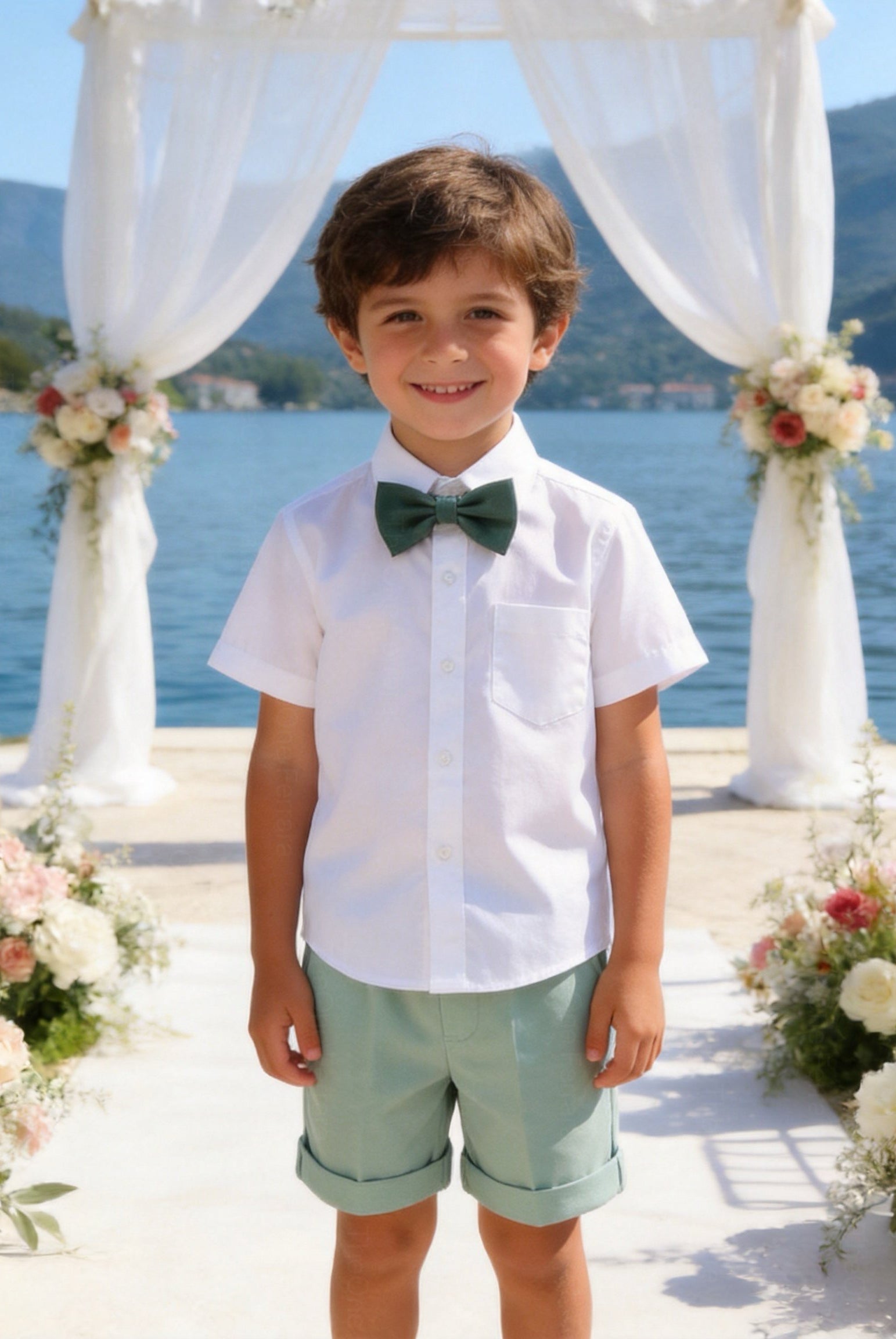 Completo Elegante Bambino Verde Salvia 4 Pezzi con Giacca Shorts Camicia e Papillong 4-10Anni
