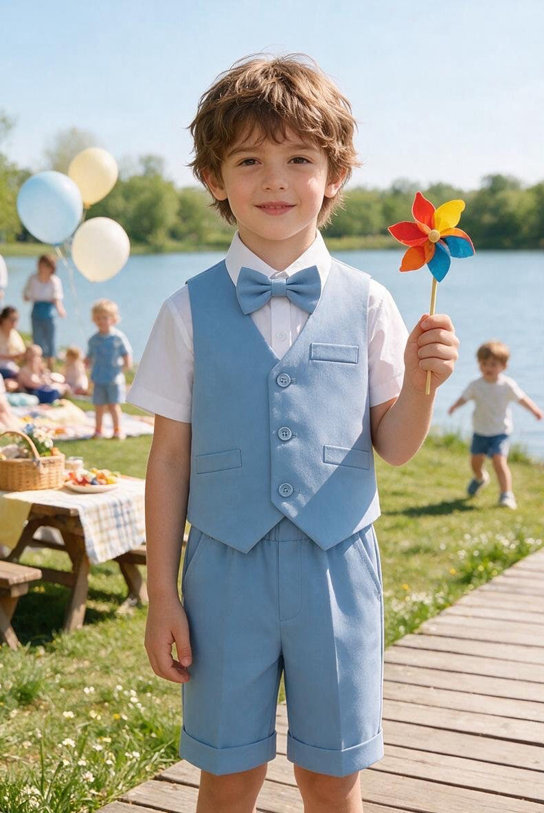 Completo Elegante Bambino Estivo 4 Pezzi con Pantaloncini Abito Cerimonia Matrimonio 1-8 Anni