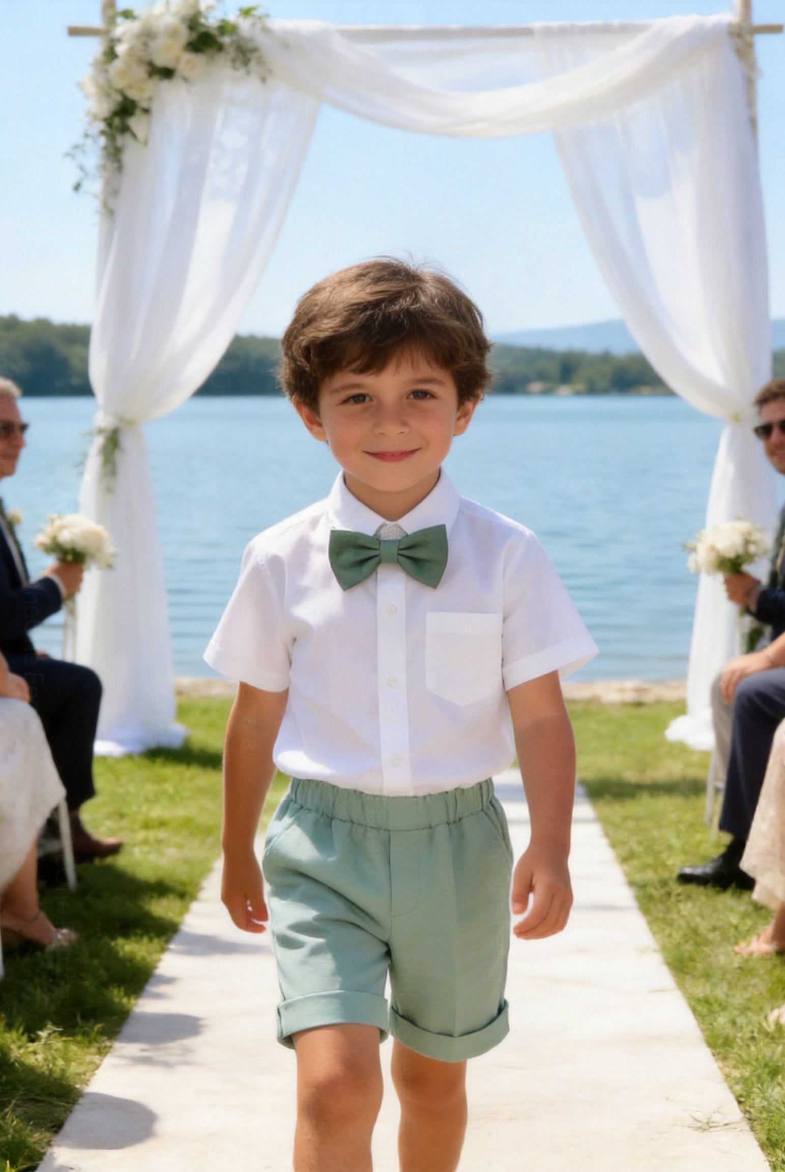 Completo Elegante Bambino Verde Salvia 4 Pezzi con Giacca Shorts Camicia e Papillong 4-10Anni