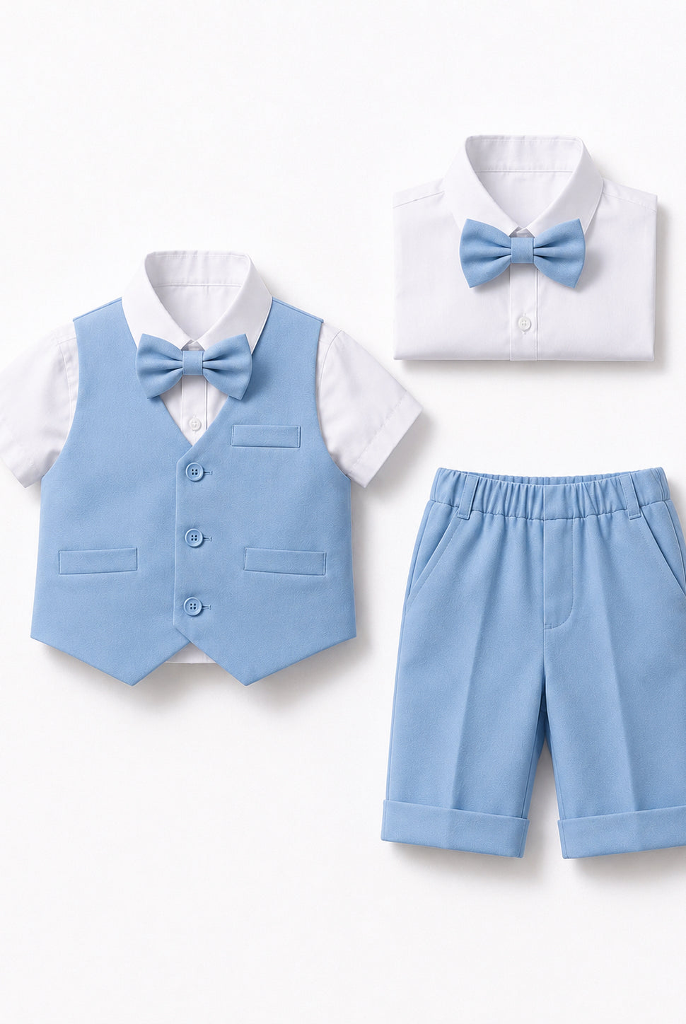 Completo Elegante Bambino Estivo 4 Pezzi con Pantaloncini Abito Cerimonia Matrimonio 1-8 Anni