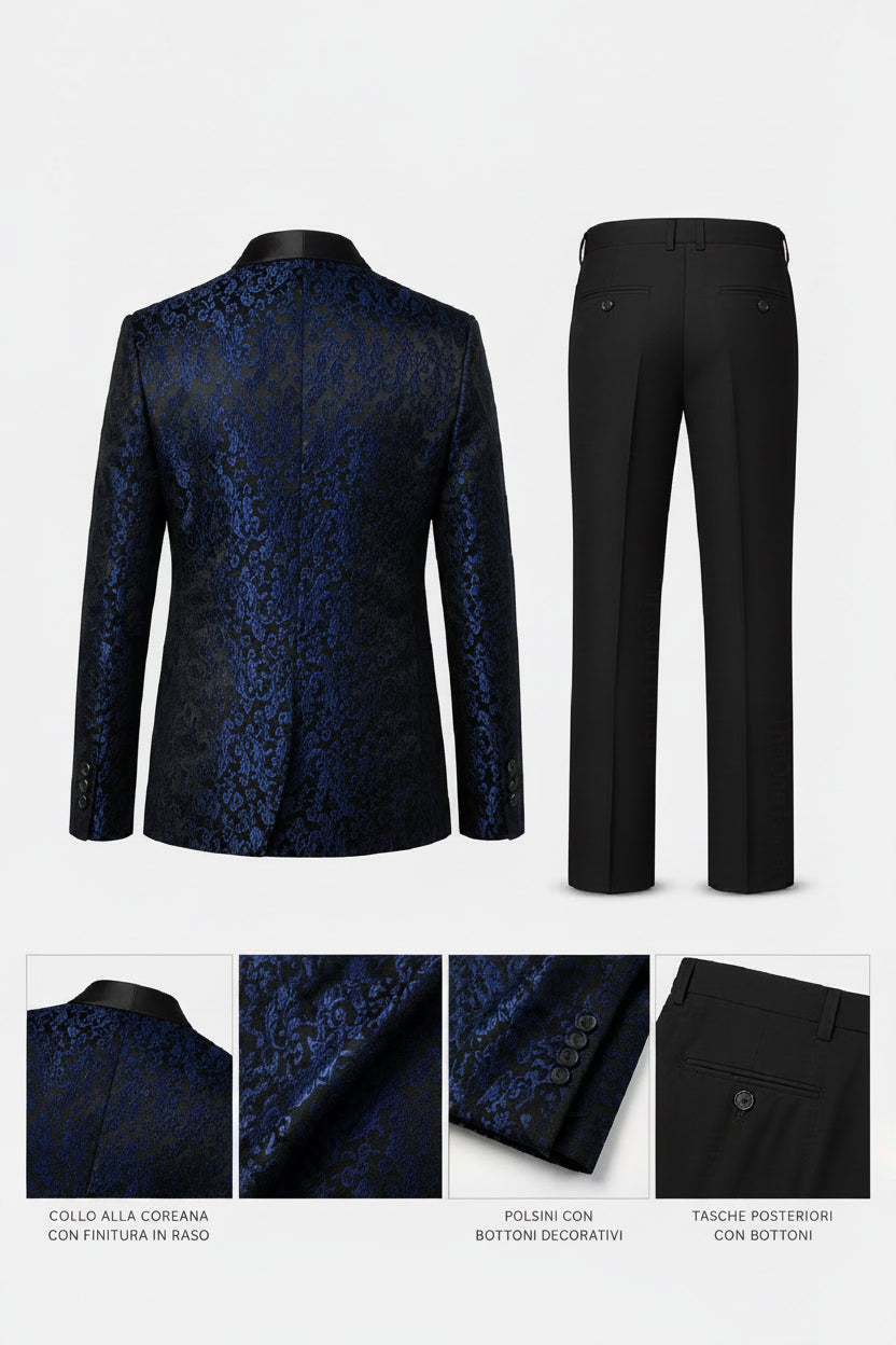 Abito Uomo Cerimonia Slim Fit Blu Jacquard Elegante Smoking Fantasia 2pz