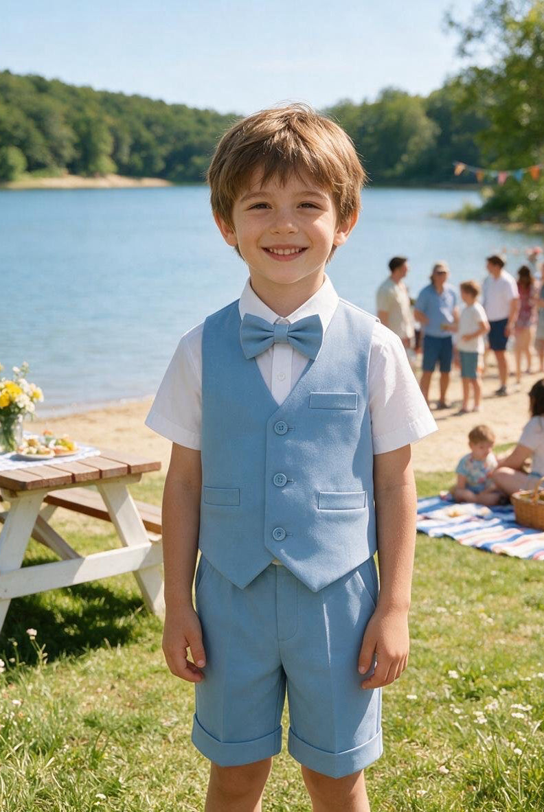 Completo Elegante Bambino Estivo 4 Pezzi con Pantaloncini Abito Cerimonia Matrimonio 1-8 Anni