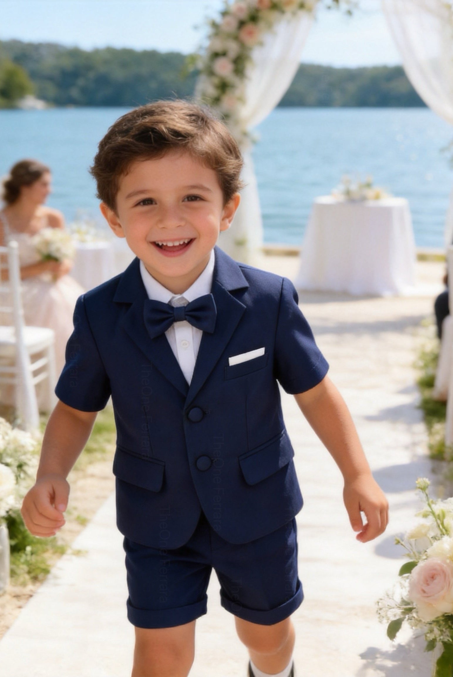 Completo Elegante Bambino Verde Salvia 4 Pezzi con Giacca Shorts Camicia e Papillong 4-10Anni Blu navy