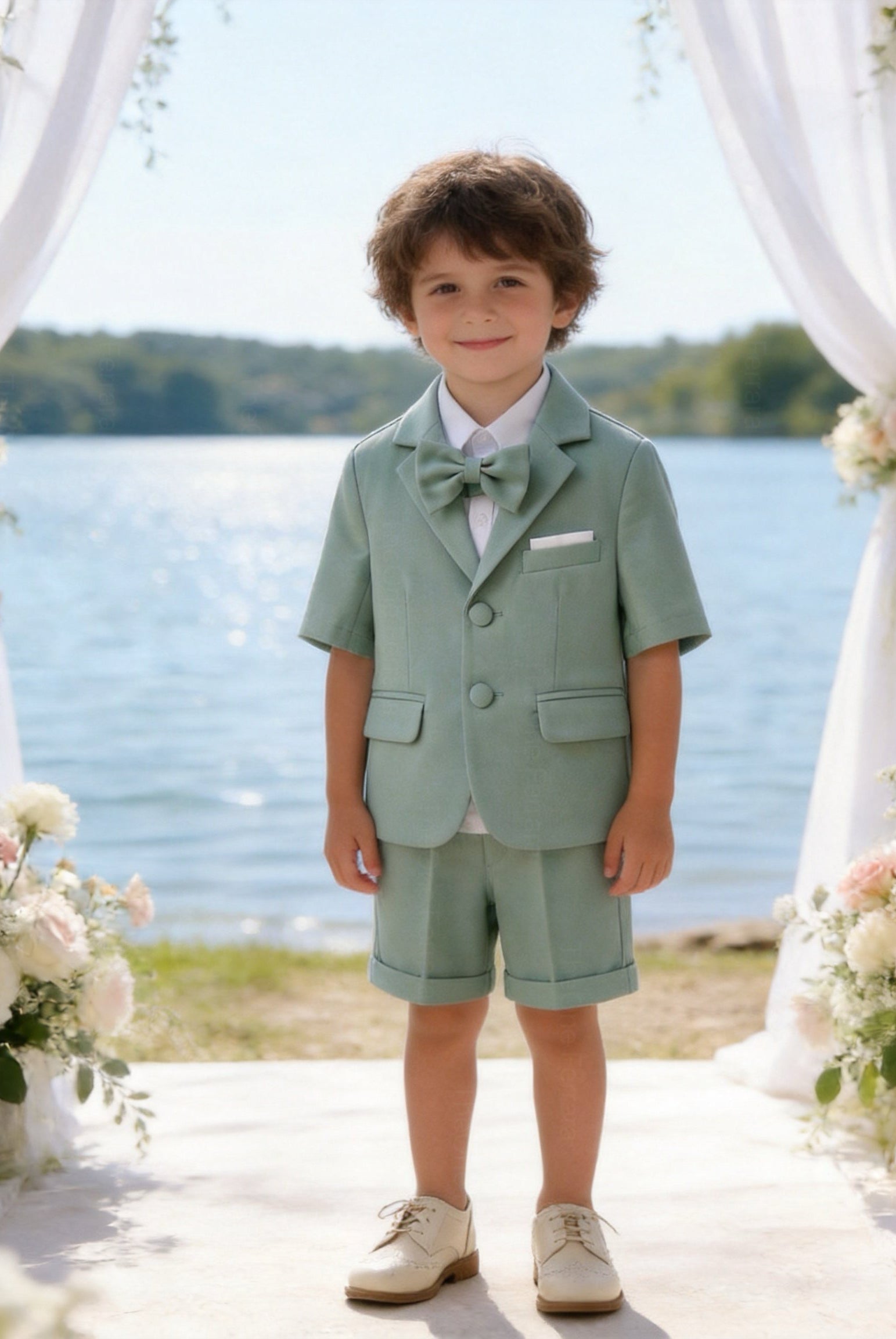 Completo Elegante Bambino Verde Salvia 4 Pezzi con Giacca Shorts Camicia e Papillong 4-10Anni verde salvia