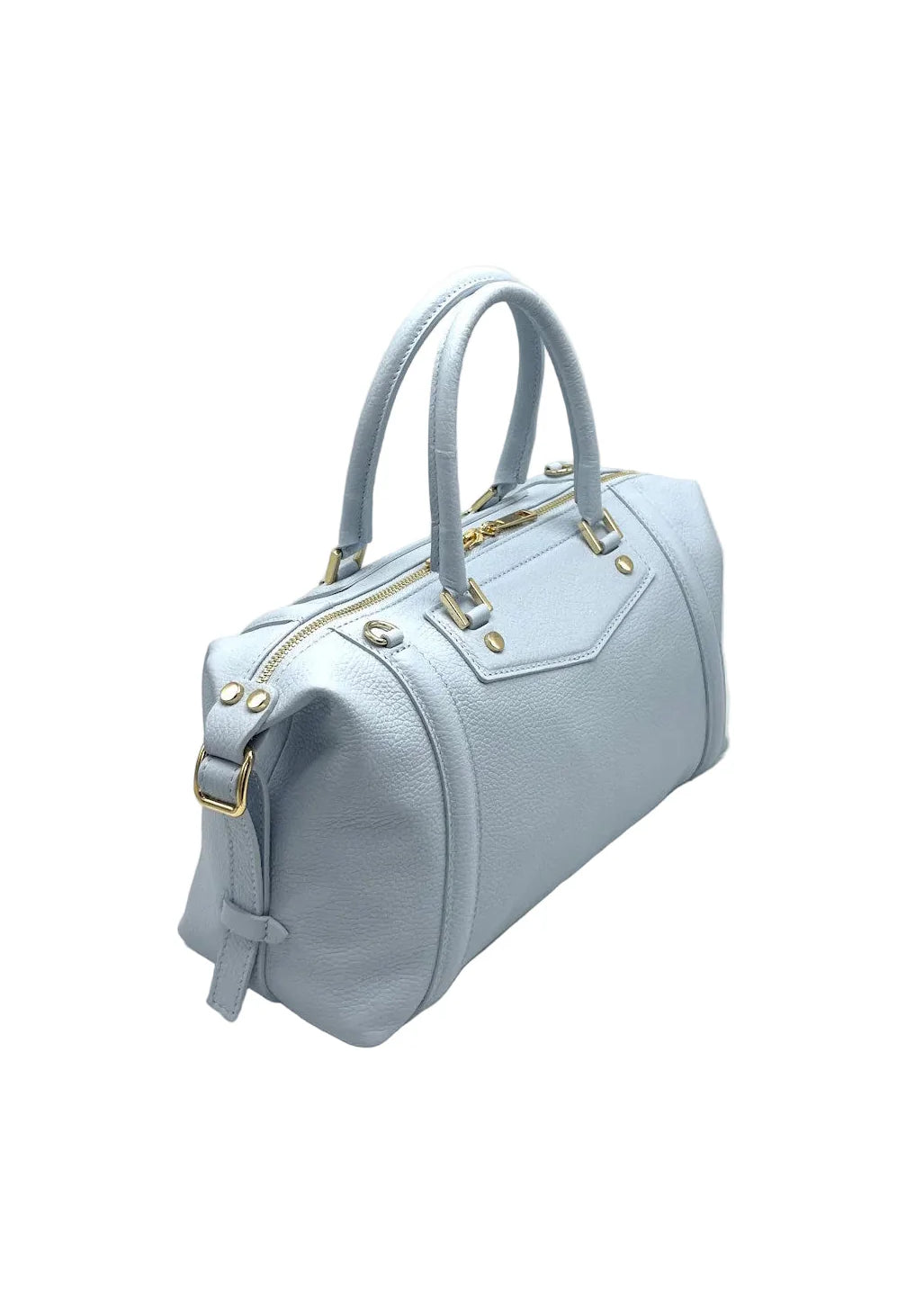Borsa Boston da donna in vera pelle, tracolla regolabile, colore azzurro, borsa pelle made in italy.