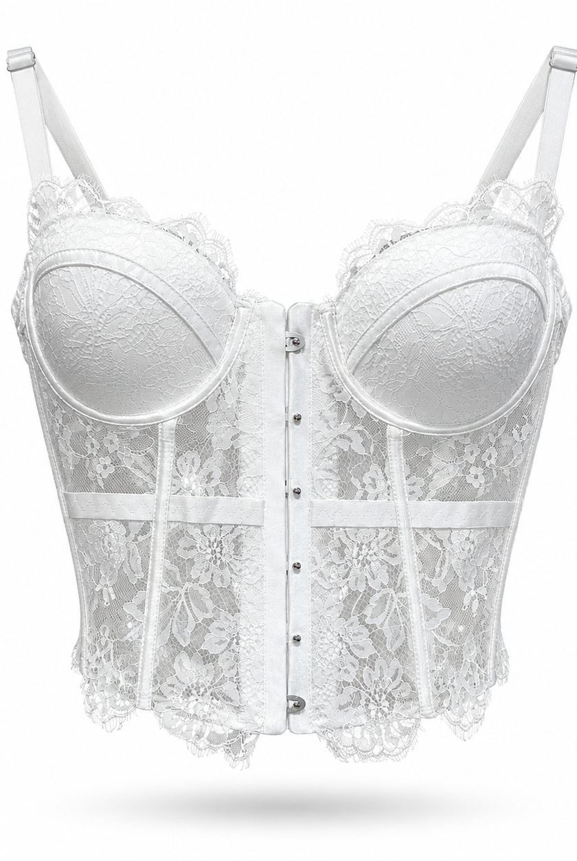 Corsetto in Pizzo da Donna con Coppe e Ferretto – Elegante Bustier Push Up 70080 Bianco M L