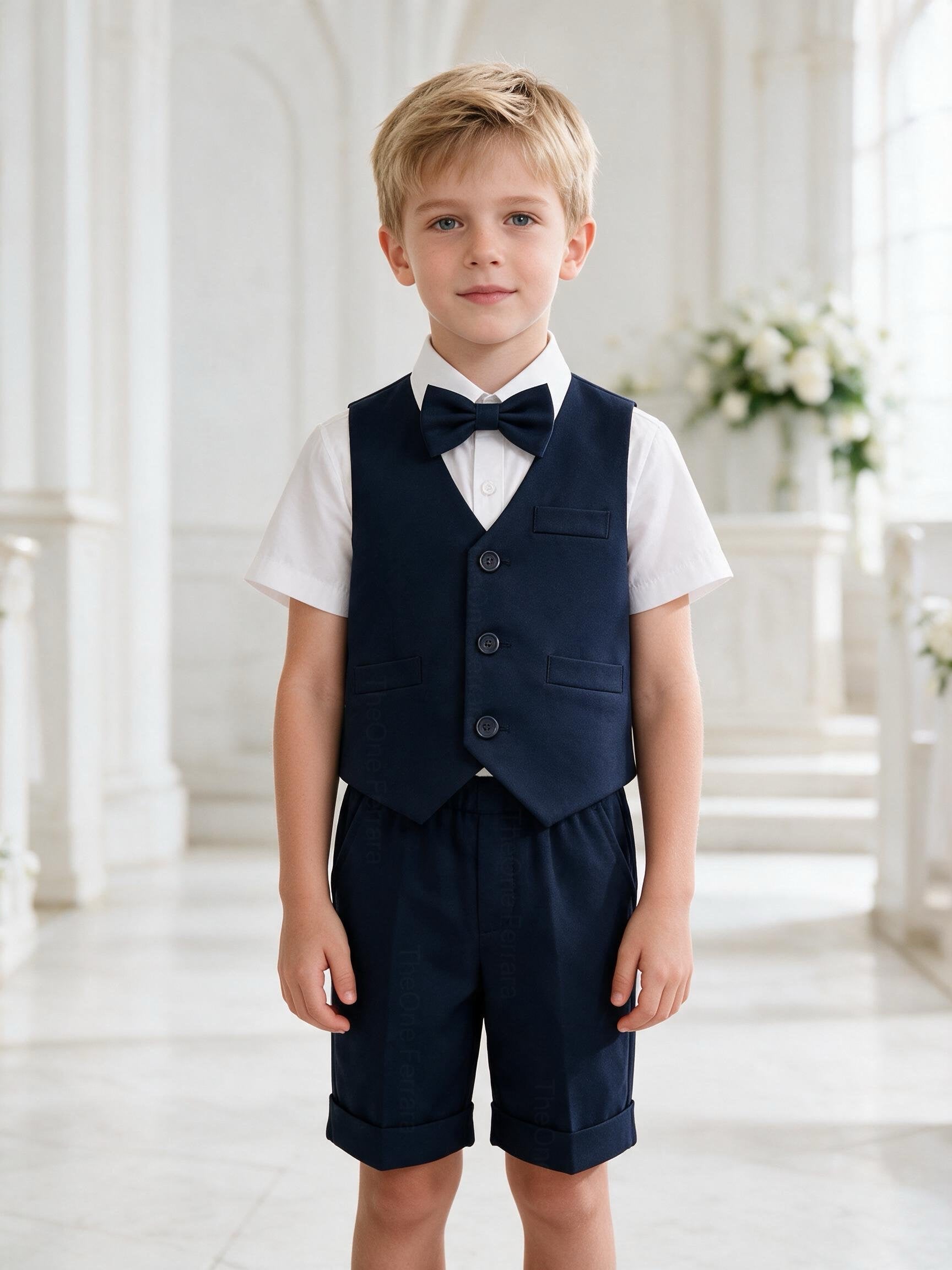 Completo Elegante Bambino Estivo 4 Pezzi con Pantaloncini Abito Cerimonia Matrimonio 1-8 Anni