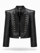 Giacca Corta Donna Effetto Pelle Stile Militare con Alamari 153 Nero