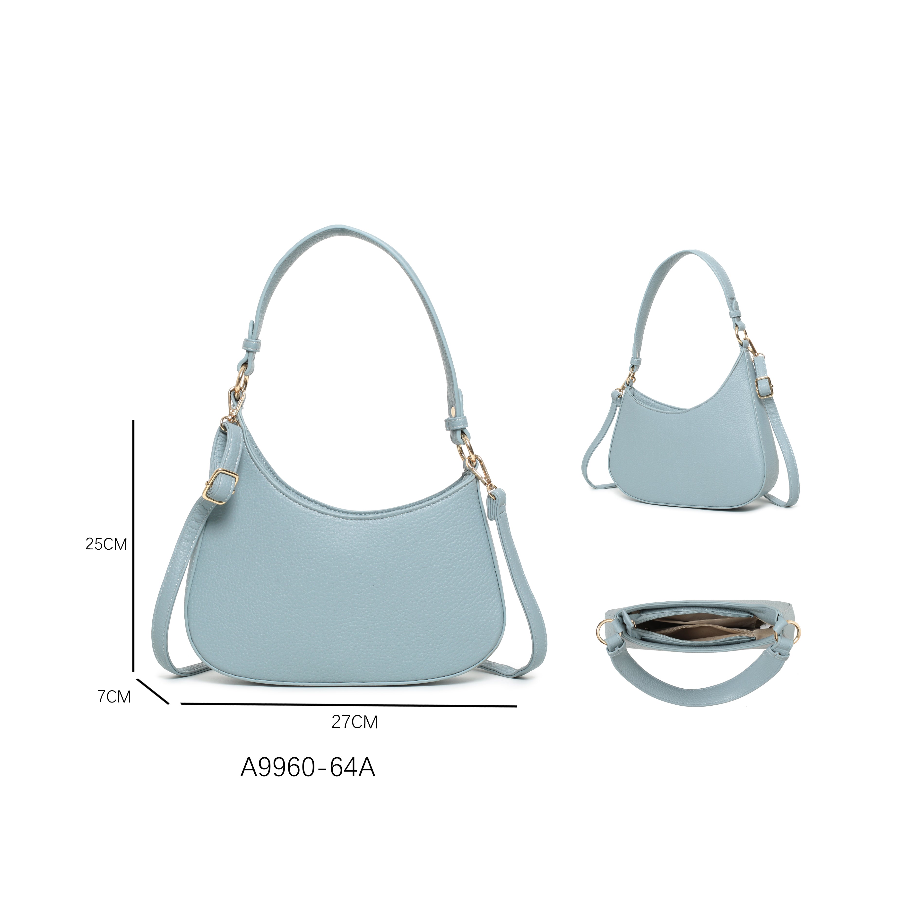 Borsa a spalla vintage a mezzaluna con tracolla regolabile Azzurro cielo