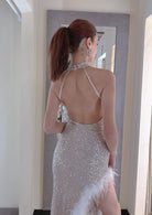 Abito da ballo con paillettes con spacchi a coscia con schiena scoperta