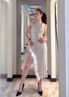 Abito da ballo con paillettes con spacchi a coscia con schiena scoperta