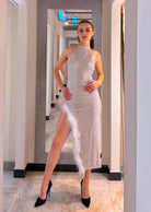 Abito da ballo con paillettes con spacchi a coscia con schiena scoperta