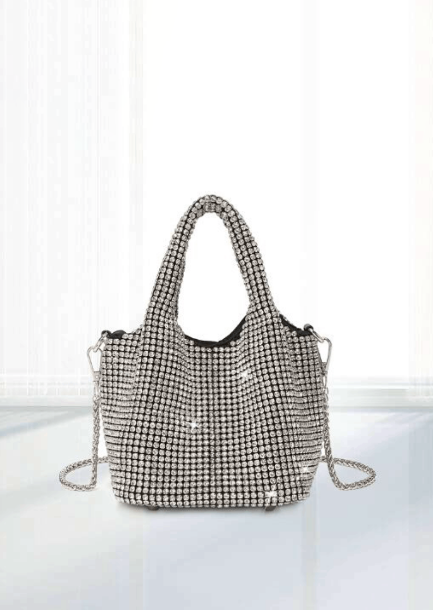 Borsa a mano in cristallo lucido, borsa a tracolla, portafoglio e borsa a mano fatte a mano con strass, borsa da sera di lusso con portafoglio del designer, accessorizzata con diamanti e parti metalliche