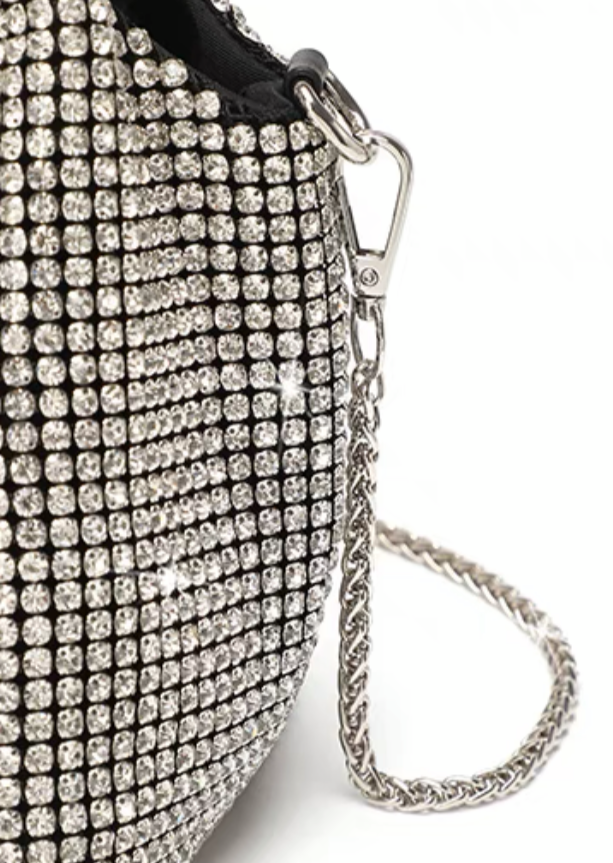 Borsa a mano in cristallo lucido, borsa a tracolla, portafoglio e borsa a mano fatte a mano con strass, borsa da sera di lusso con portafoglio del designer, accessorizzata con diamanti e parti metalliche