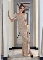 Abito lungo da sera con scollo a V e paillettes