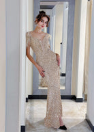 Abito lungo da sera con scollo a V e paillettes