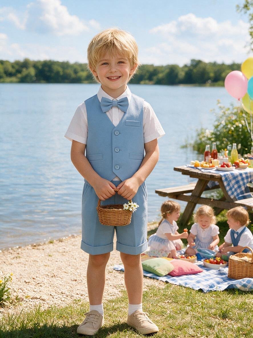 Completo Elegante Bambino Estivo 4 Pezzi con Pantaloncini Abito Cerimonia Matrimonio 1-8 Anni Azzuro