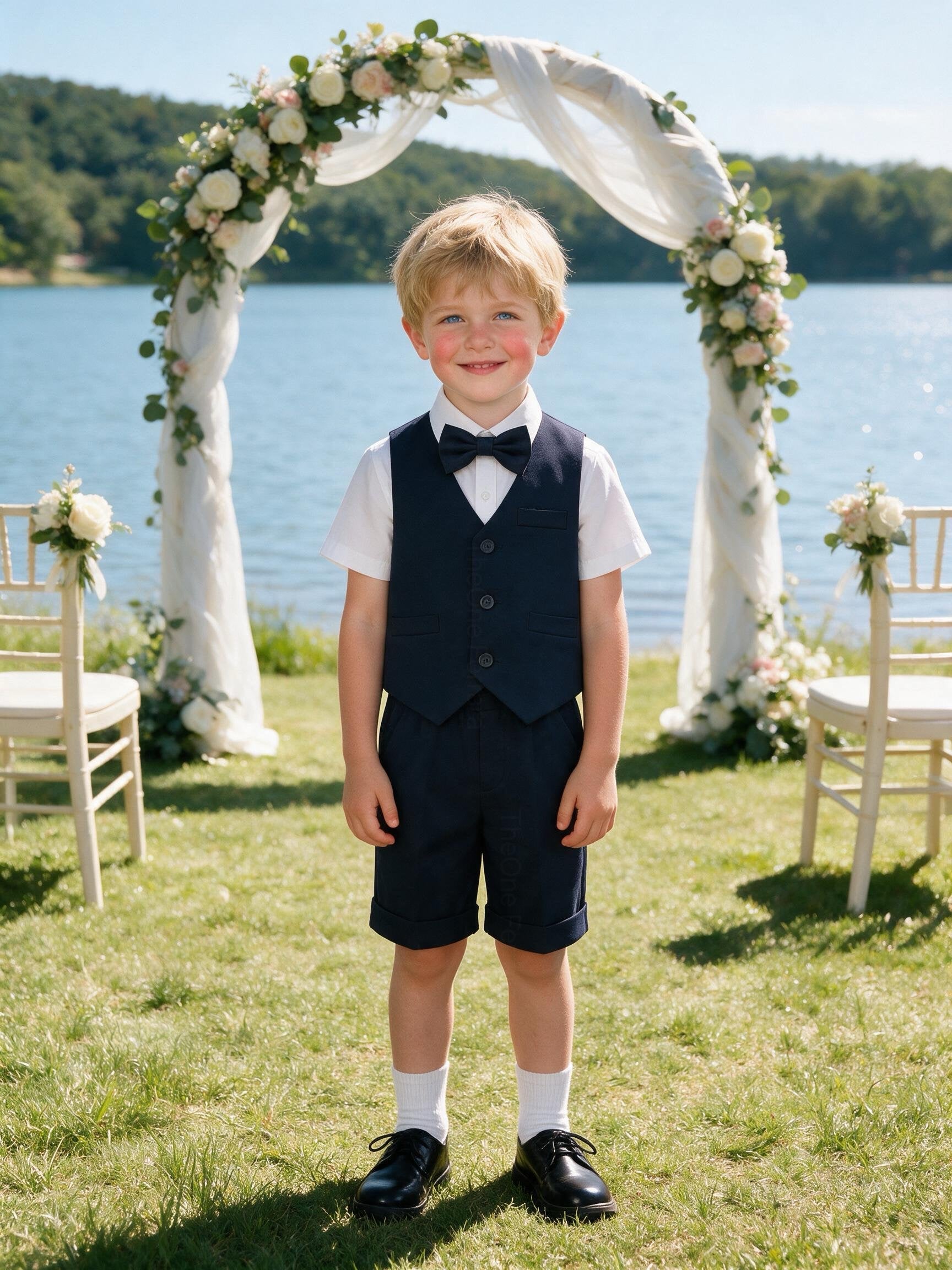 Completo Elegante Bambino Estivo 4 Pezzi con Pantaloncini Abito Cerimonia Matrimonio 1-8 Anni