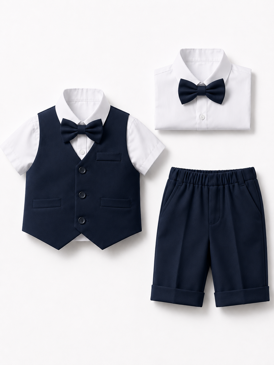 Completo Elegante Bambino Estivo 4 Pezzi con Pantaloncini Abito Cerimonia Matrimonio 1-8 Anni