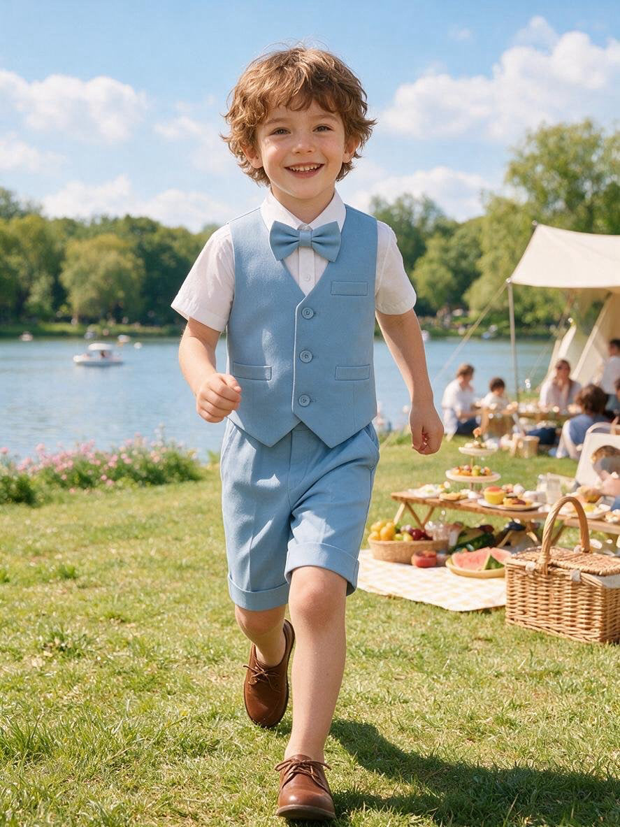 Completo Elegante Bambino Estivo 4 Pezzi con Pantaloncini Abito Cerimonia Matrimonio 1-8 Anni