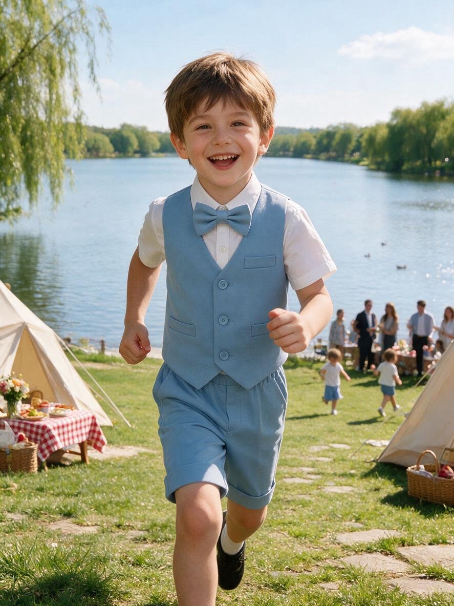 Completo Elegante Bambino Estivo 4 Pezzi con Pantaloncini Abito Cerimonia Matrimonio 1-8 Anni